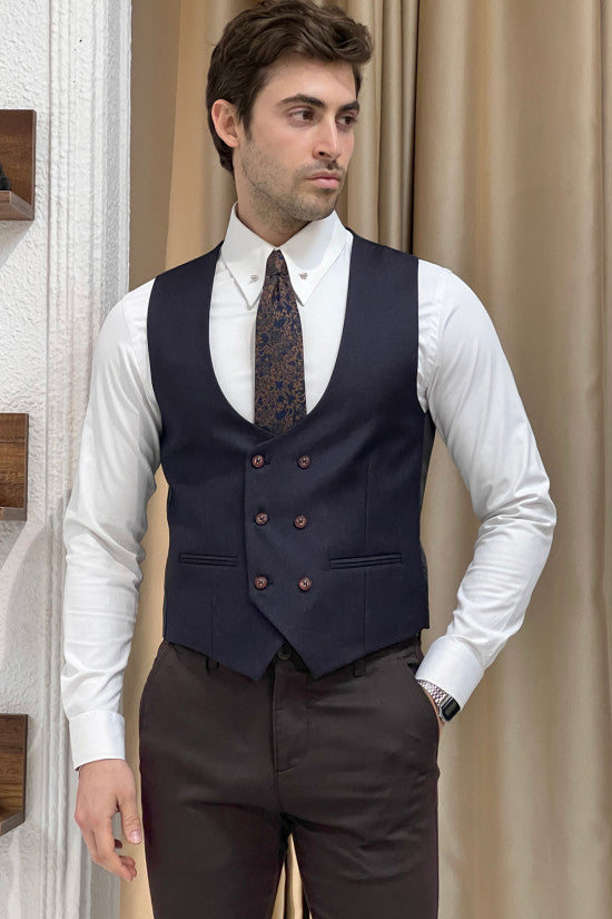 
                  
                    Slim Fit Self Patterned Double Breasted Navy Blue Wool Waistcoat
                  
                