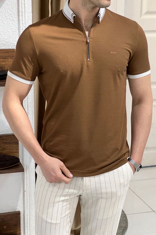 Slim Fit Knitwear Collar Zippered Short Sleeve Cotton Tan T-Shirt