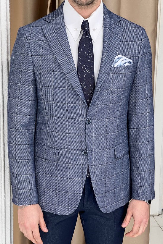 Slim Fit Mono Collar Plaid Blue Jacket