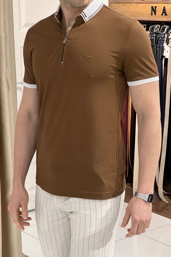 
                  
                    Slim Fit Knitwear Collar Zippered Short Sleeve Cotton Tan T-Shirt
                  
                