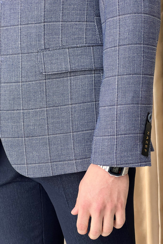 Slim Fit Mono Collar Plaid Blue Jacket