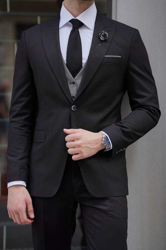 
                  
                    Slim Fit Self-Patterned Black Wool Vest Combination Suit ( The waistcoat is double-sided. )
                  
                