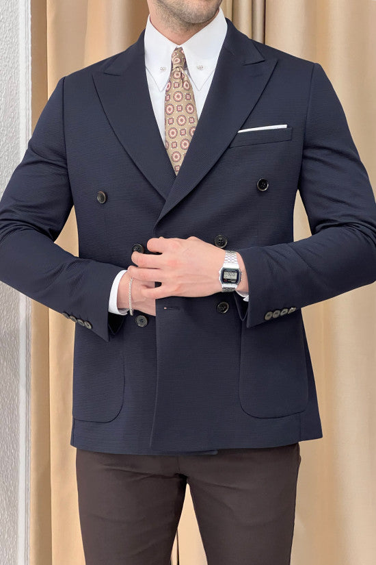 Slim Fit Pointed Collar Unlined Bag Pocket Double Breasted Navy Blue Jacket