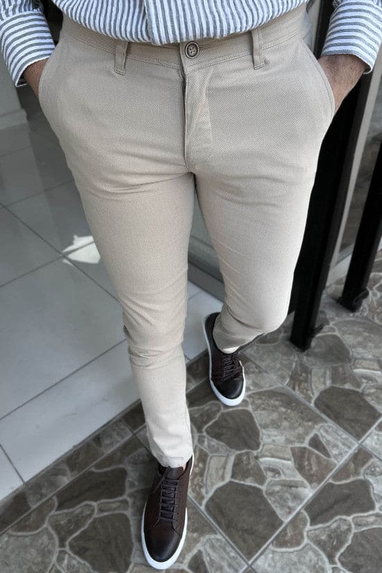 Slim Fit Self Patterned Beige Cotton Trousers