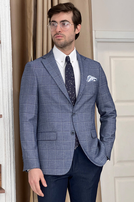 Slim Fit Mono Collar Plaid Blue Jacket