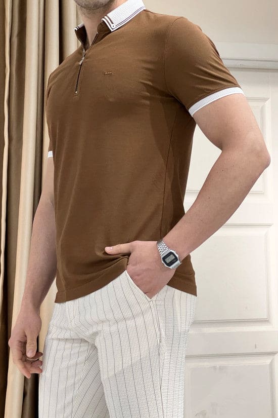 
                  
                    Slim Fit Knitwear Collar Zippered Short Sleeve Cotton Tan T-Shirt
                  
                