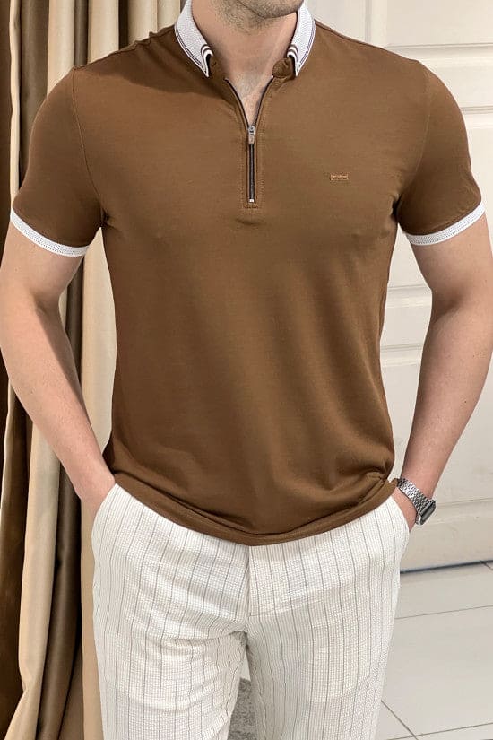 
                  
                    Slim Fit Knitwear Collar Zippered Short Sleeve Cotton Tan T-Shirt
                  
                