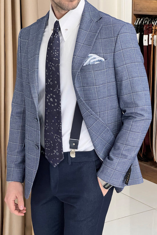 Slim Fit Mono Collar Plaid Blue Jacket
