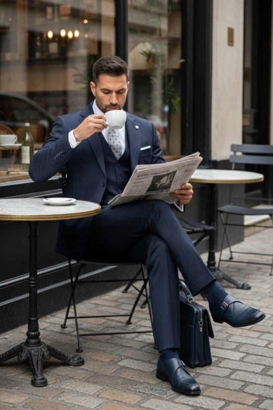
                  
                    Slim Fit Mono Collar Striped 80% Wool Navy blue Vest Suit
                  
                