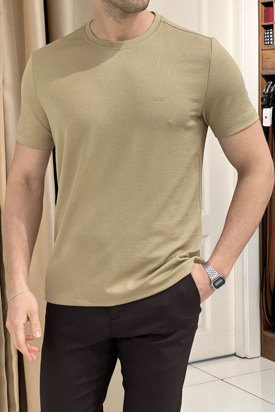 Slim Fit Lycra Crew Neck Short Sleeve Beige T-Shirt