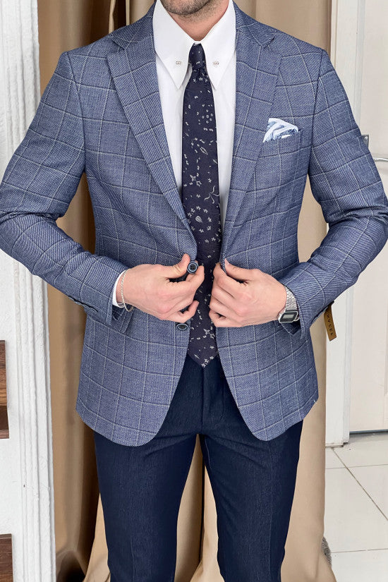 Slim Fit Mono Collar Plaid Blue Jacket