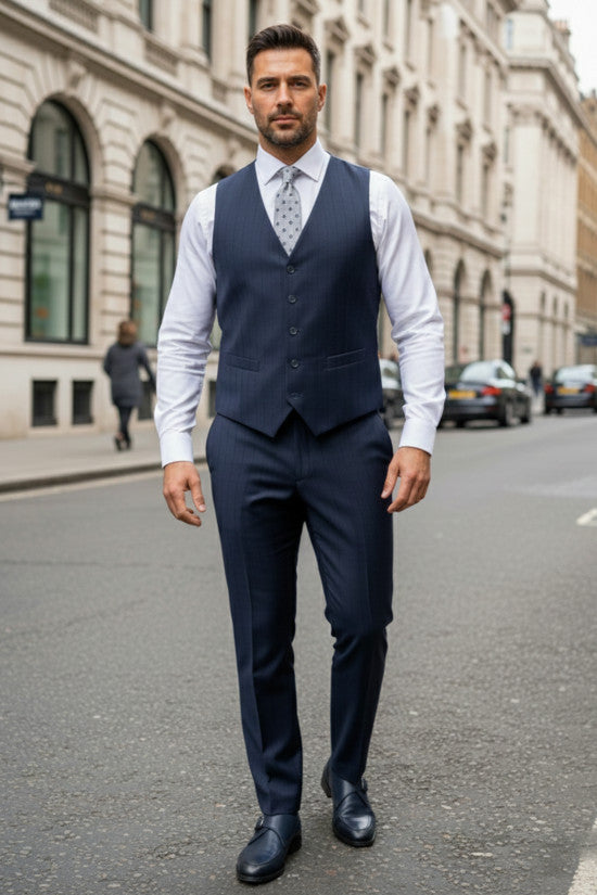 
                  
                    Slim Fit Mono Collar Striped 80% Wool Navy blue Vest Suit
                  
                