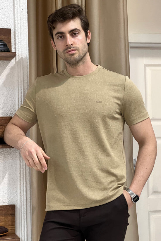 
                  
                    Slim Fit Lycra Crew Neck Short Sleeve Beige T-Shirt
                  
                