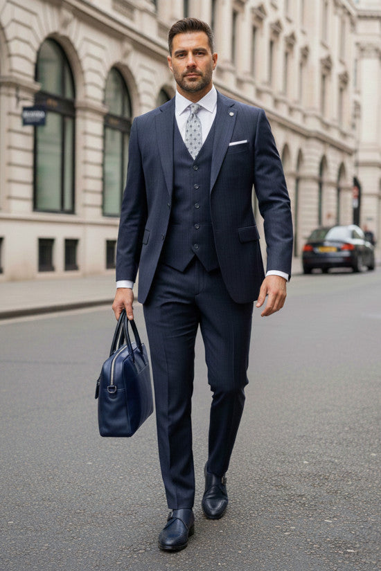 
                  
                    Slim Fit Mono Collar Striped 80% Wool Navy blue Vest Suit
                  
                