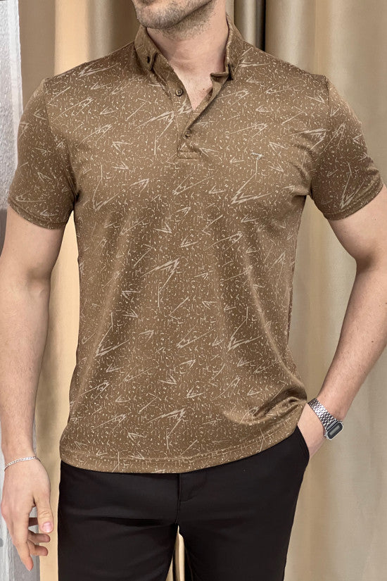 Slim Fit Patterned Italian Collar Tobacco Short Sleeve T-Shirt