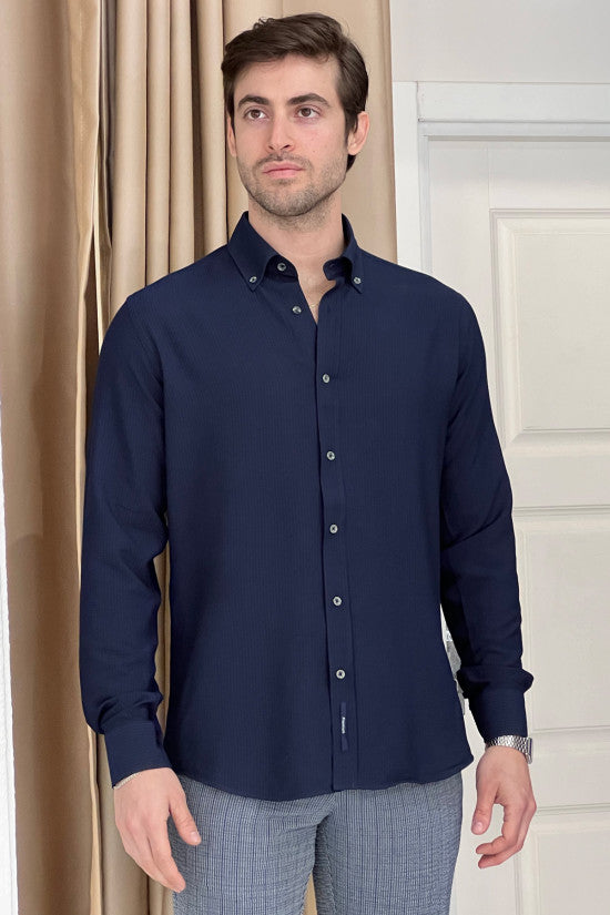 Regular Fit Button Collar Seersucker Navy Blue Cotton Shirt