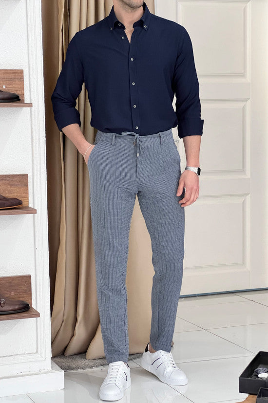 Regular Fit Button Collar Seersucker Navy Blue Cotton Shirt