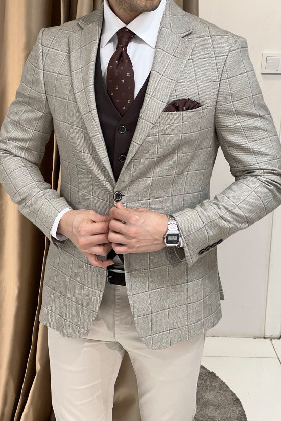 Slim Fit Mono Collar Plaid Beige Jacket