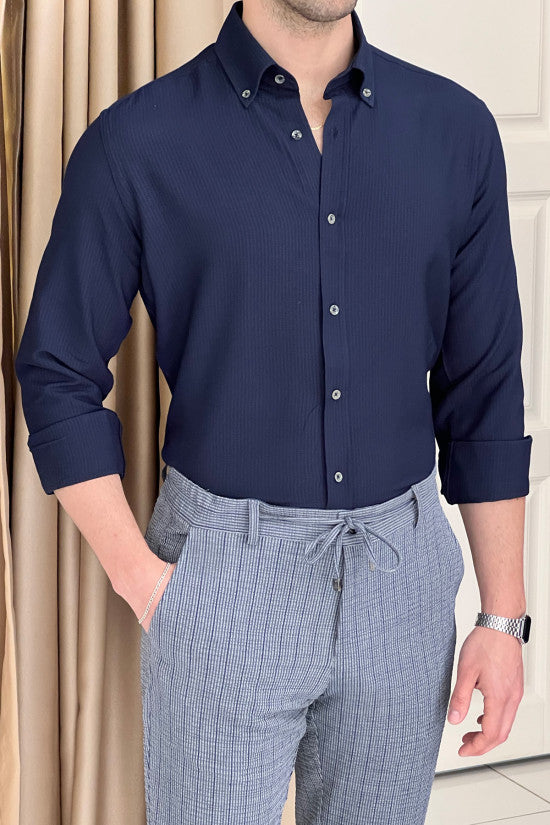 Regular Fit Button Collar Seersucker Navy Blue Cotton Shirt