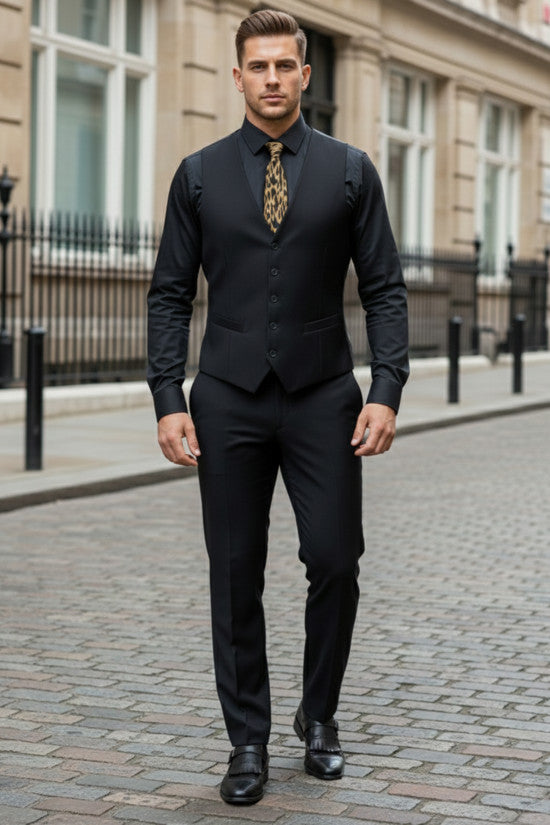 
                  
                    Slim Fit Mono Collar Viscon Blend Black Vest Suit
                  
                