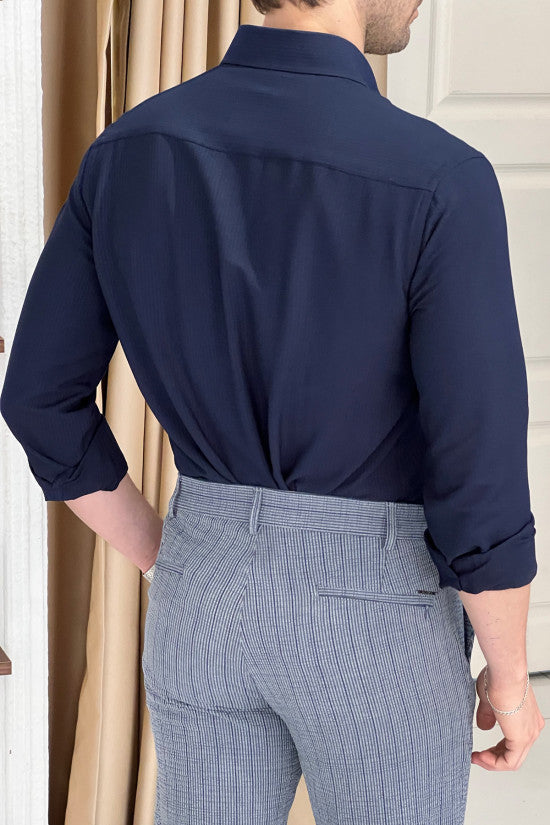 Regular Fit Button Collar Seersucker Navy Blue Cotton Shirt