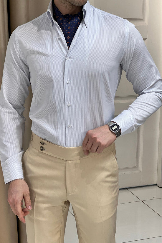 Slim Fit Special Production Italian Button Collar Striped 100% Cotton White Shirt
