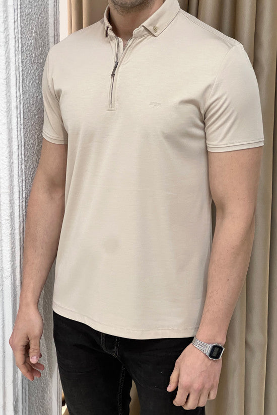 Slim Fit Italian Collar Zippered Beige Short Sleeve T-Shirt