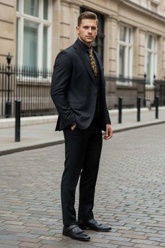 
                  
                    Slim Fit Mono Collar Viscon Blend Black Vest Suit
                  
                