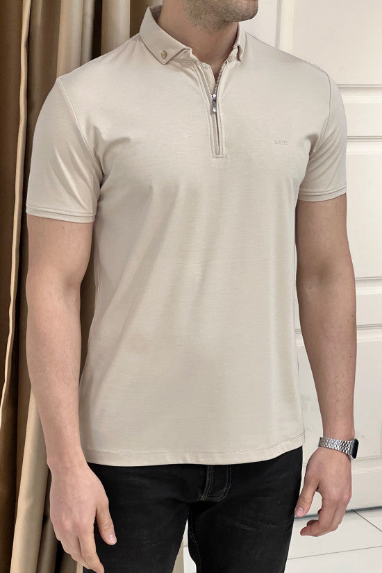 
                  
                    Slim Fit Italian Collar Zippered Beige Short Sleeve T-Shirt
                  
                