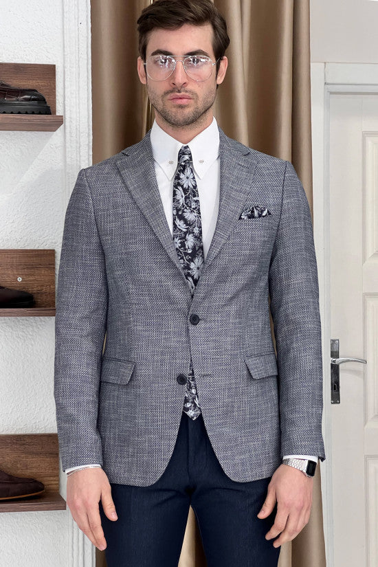 Special Design Slim Fit Mono Collar Self Patterned Knitted Gray Jacket