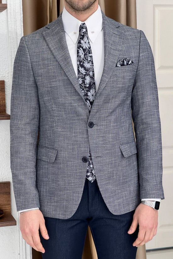 Special Design Slim Fit Mono Collar Self Patterned Knitted Gray Jacket