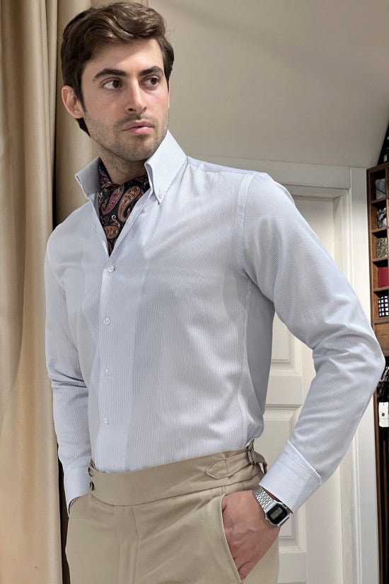 Slim Fit Special Production Italian Button Collar Striped 100% Cotton White Shirt