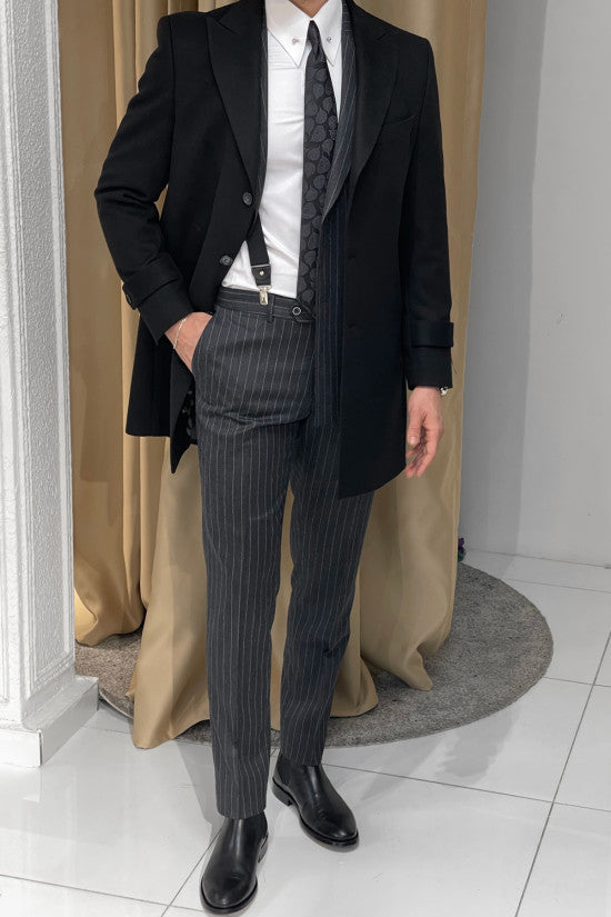 
                  
                    Slim Fit Special Production Wide Pointed Collar Punto Stitched Long Wool Black Coat
                  
                