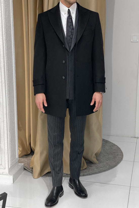 
                  
                    Slim Fit Special Production Wide Pointed Collar Punto Stitched Long Wool Black Coat
                  
                