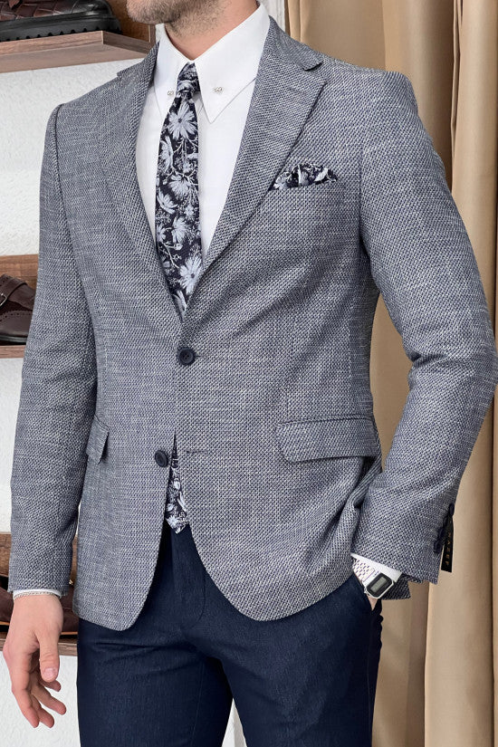 Special Design Slim Fit Mono Collar Self Patterned Knitted Gray Jacket