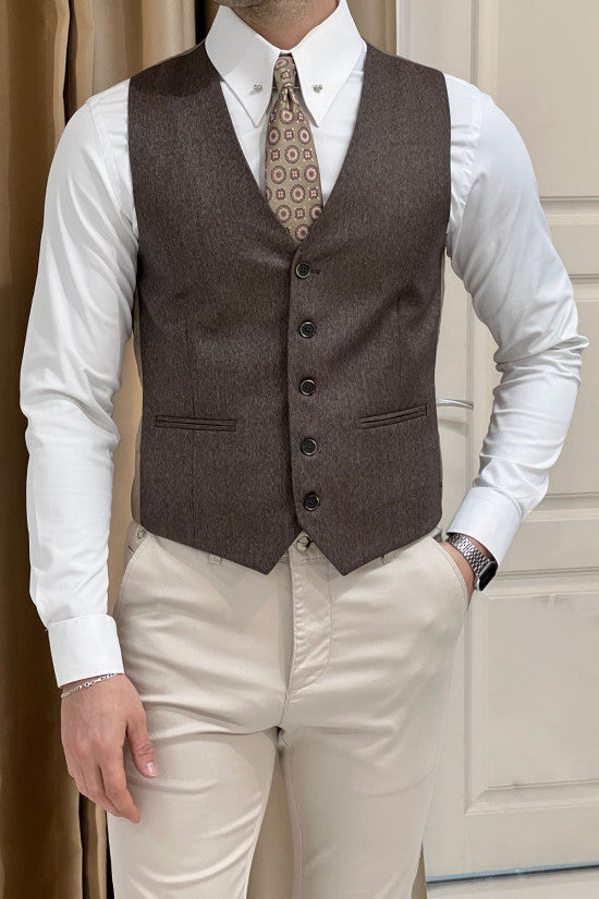 Slim Fit Light Brown Wool Waistcoat