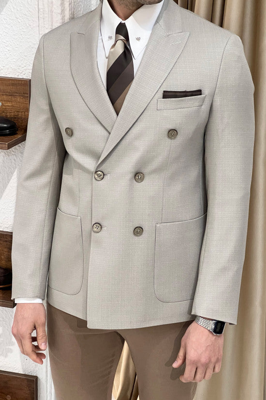 Slim Fit Pointed Collar Bag Pocket Double Breasted Beige Jacket