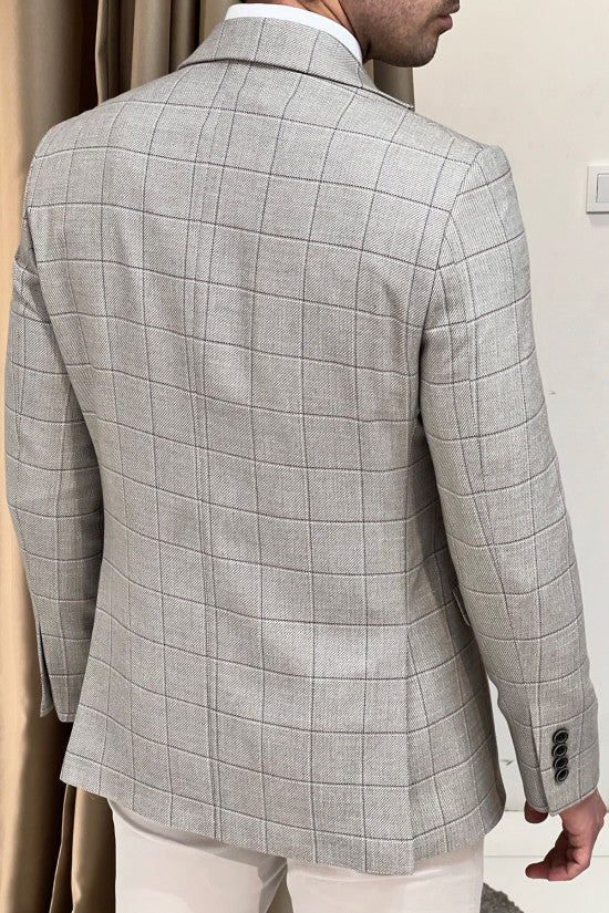 Slim Fit Mono Collar Plaid Beige Jacket