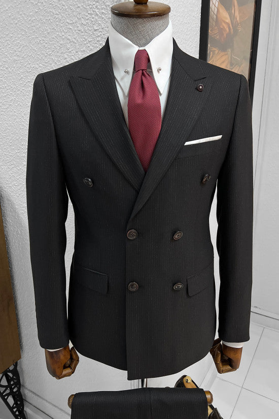 Slim Fit Striped Double Breasted Wool Black Suit