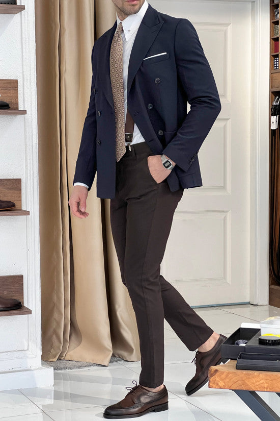 Slim Fit Pointed Collar Unlined Bag Pocket Double Breasted Navy Blue Jacket