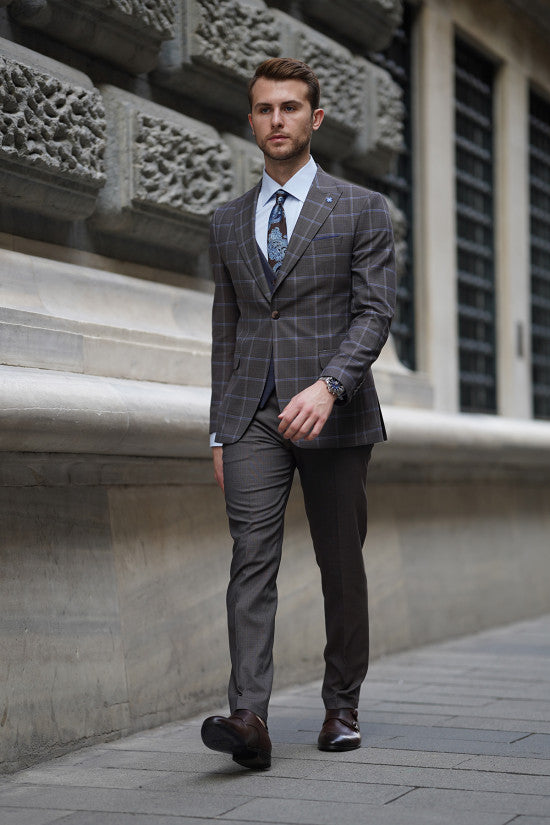 
                  
                    Slim Fit Plaid Pointed Collar Vest Brown Combination Suit (High Quality)
                  
                