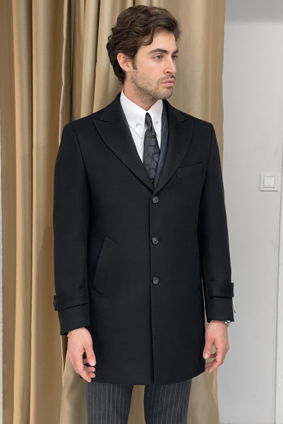 
                  
                    Slim Fit Special Production Wide Pointed Collar Punto Stitched Long Wool Black Coat
                  
                