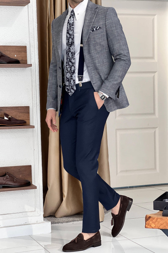 Special Design Slim Fit Mono Collar Self Patterned Knitted Gray Jacket