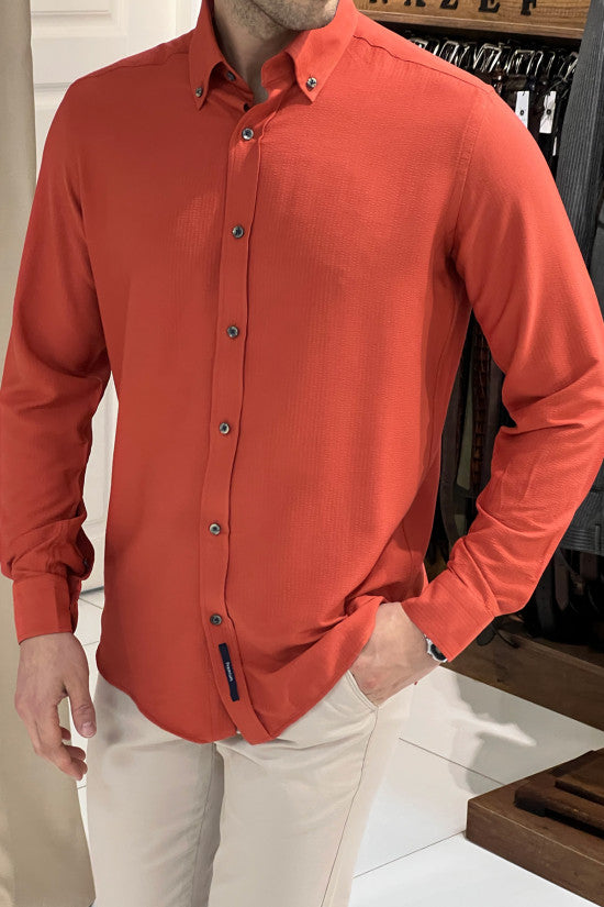 Regular Fit Button Collar Seersucker Tile Cotton Shirt