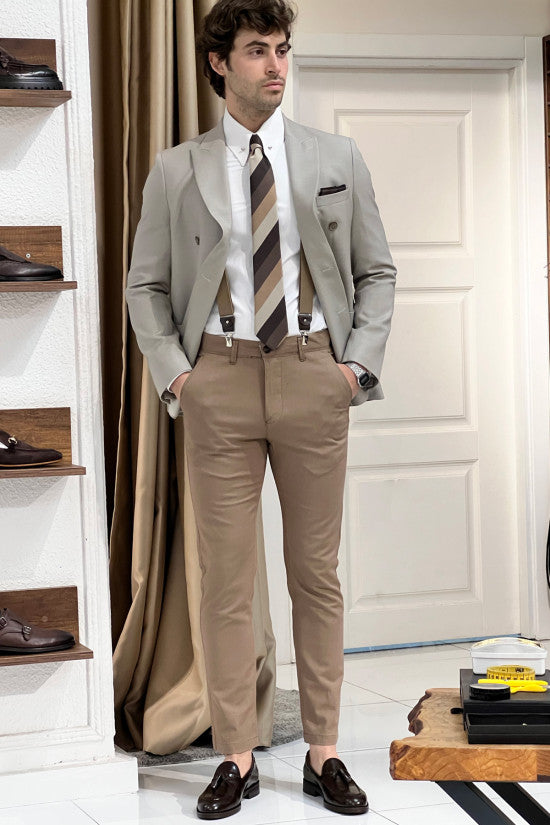 Slim Fit Pointed Collar Bag Pocket Double Breasted Beige Jacket