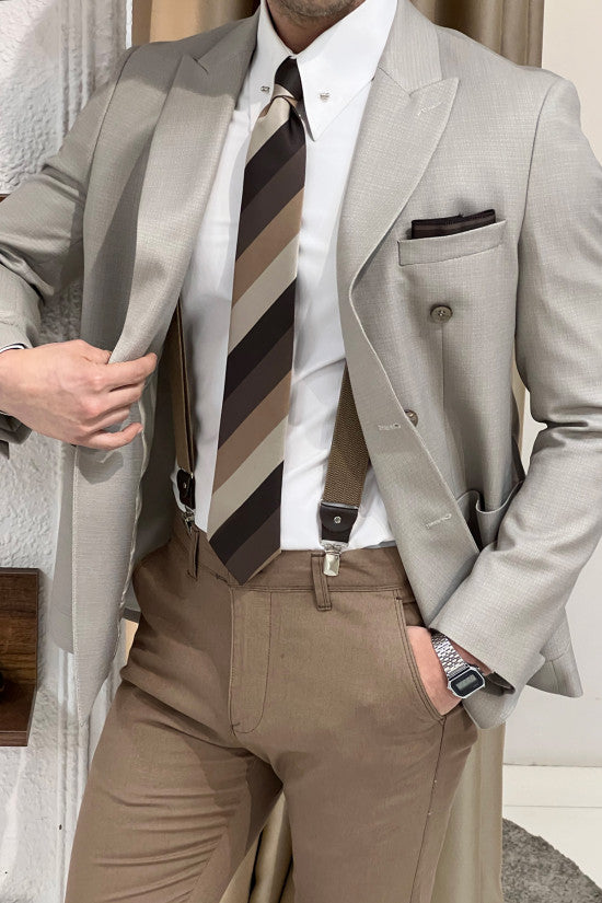 Slim Fit Pointed Collar Bag Pocket Double Breasted Beige Jacket