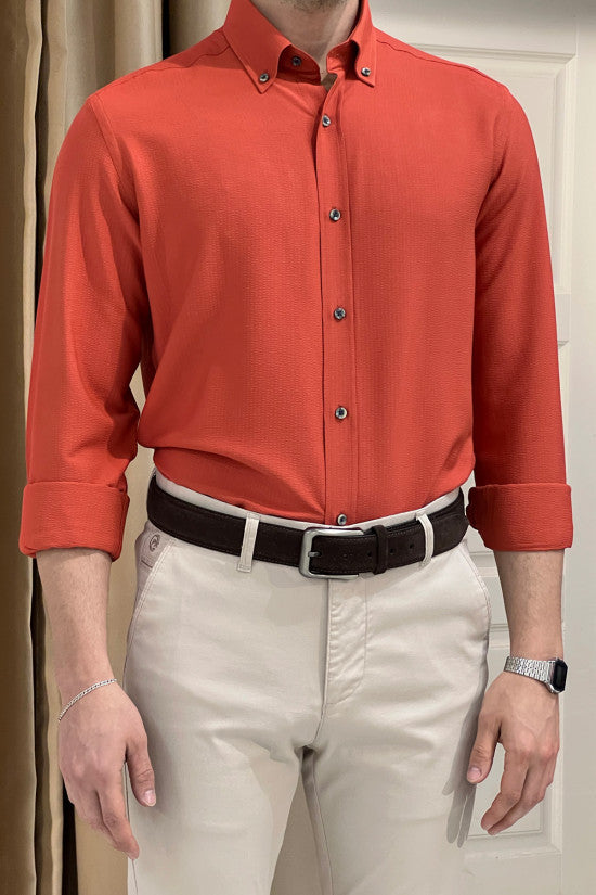 Regular Fit Button Collar Seersucker Tile Cotton Shirt
