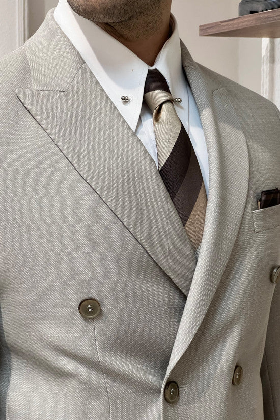 Slim Fit Pointed Collar Bag Pocket Double Breasted Beige Jacket