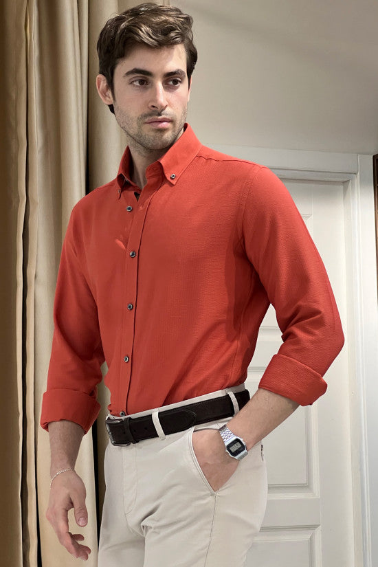 Regular Fit Button Collar Seersucker Tile Cotton Shirt