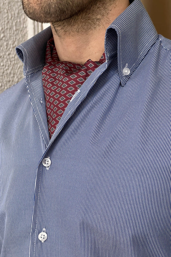 Slim Fit Special Production Italian Button Collar Striped 100% Cotton Navy blue Shirt